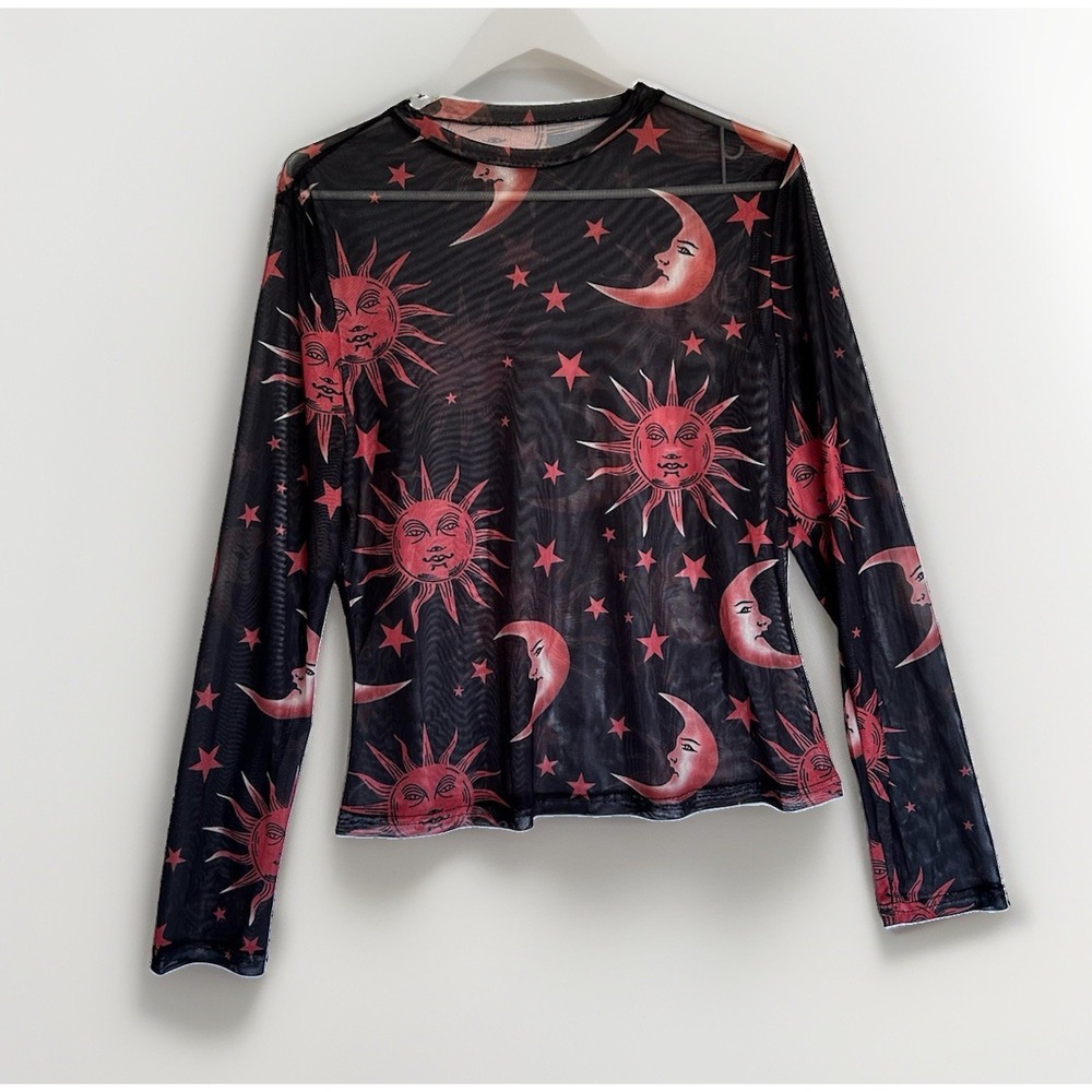 Moon Sun & Stars Celestial Print Long-Sleeve Mesh Sheer Top Club Whimsigoth S/M